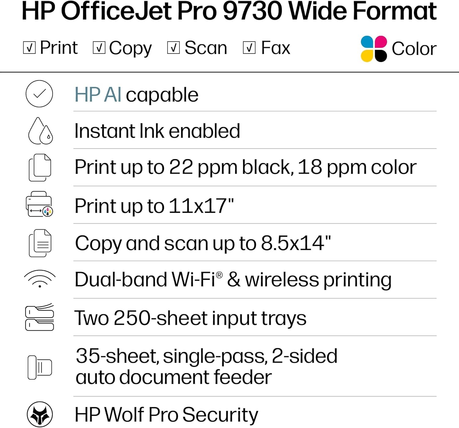 HP Officejet Pro 9730 Wide-Format Wireless All-In-One Color Inkjet Printer, Print, Scan, Copy, Fax, up to 11X17 ADF, Duplex Print/Scan, Best-For-Office, 3 Month Trial of Instant Ink Included(C2Wh0A)