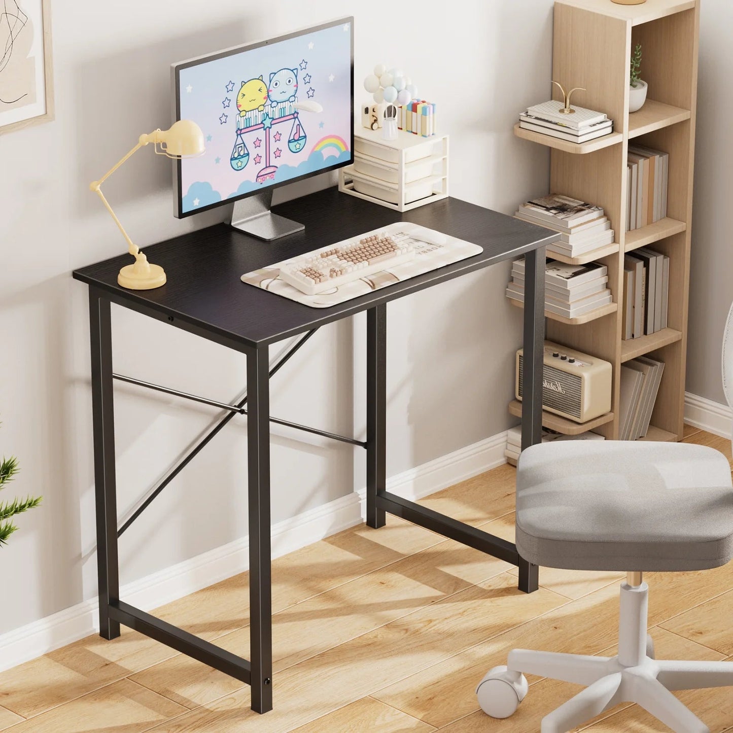 Small Computer Desk 31 Inch Writing Desk with Storage Bag Iron Hook Metal Frame for Home, Black