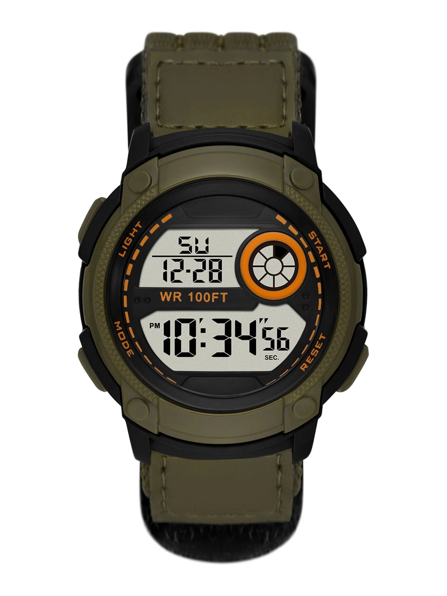 Men'S Digital Watch: Black round Case, Green Bezel, Positive Display, Green Fast-Fit Strap (FMDOGE055)