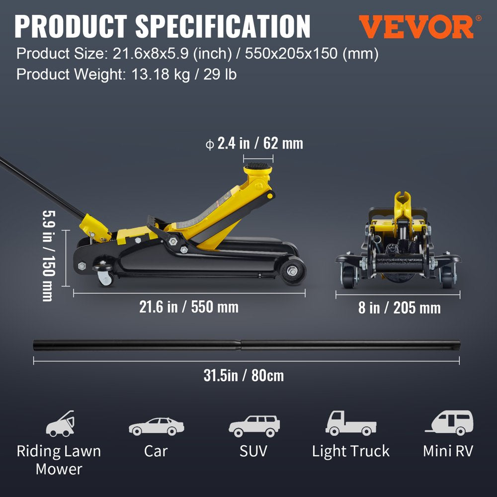 Low Profile Floor Jack 2.5 Ton Heavy Steel Single Piston Hydraulic Pump