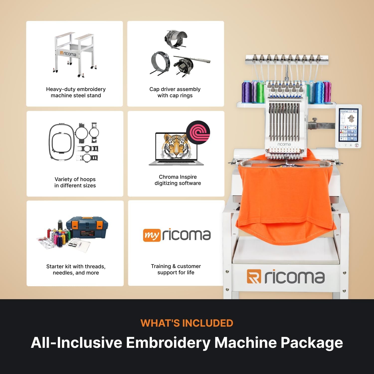 EM-1010-7S Single-Head Multi Needle Embroidery Machine for Beginners with Steel Embroidery Stand, Hoop and Cap Attachments, Chroma Digitizing Software, Lifetime Customer Support