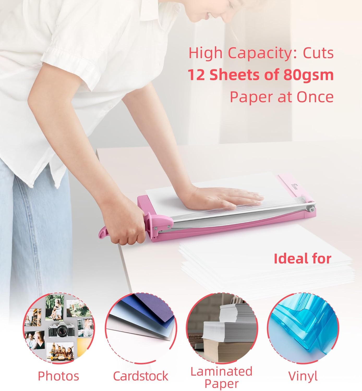 Firbon 12" Guillotine Paper Cutter with Hidden Ruler, Compact Paper Trimmer | 12-Sheet Capacity | Pink | Dual Scales | Paper, Cardstock & Photo Trimming | Scrapbooking Crafts | Office, Home & Studio Use