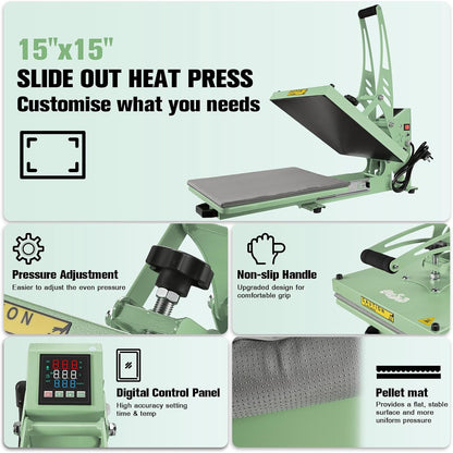 Coolsub Heat Press 15X15 Slide Out Heat Press Machine, Industrial Digital Heat Transfer Machine Sublimation for T-Shirt Green
