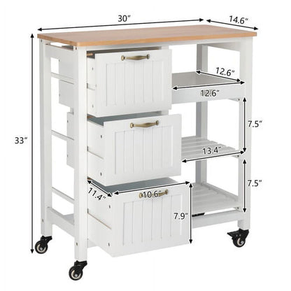 Kitchen Island Rolling Storage Cart with 3 Drawer 3 Tier Holder Serving Bar Cart Coffee Bar Small Kitchen Microwave Trolley with Natural Solid Wood Top Caster Home Furniture, White