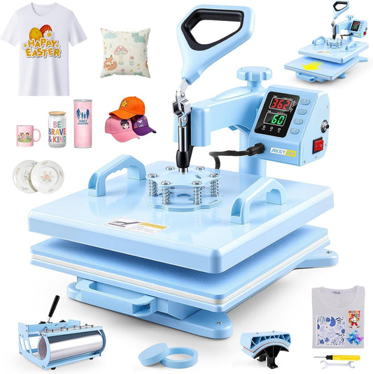 AKEYDIY Heat Press 15X15 Inch 5 in 1 with 30OZ Tumbler Press, 360° Swivel Away Slide Out Digital Shirt Press Machine, Industrial Heat Transfer Machine Sublimation for T-Shirt (15X15-5 in 1 Blue)