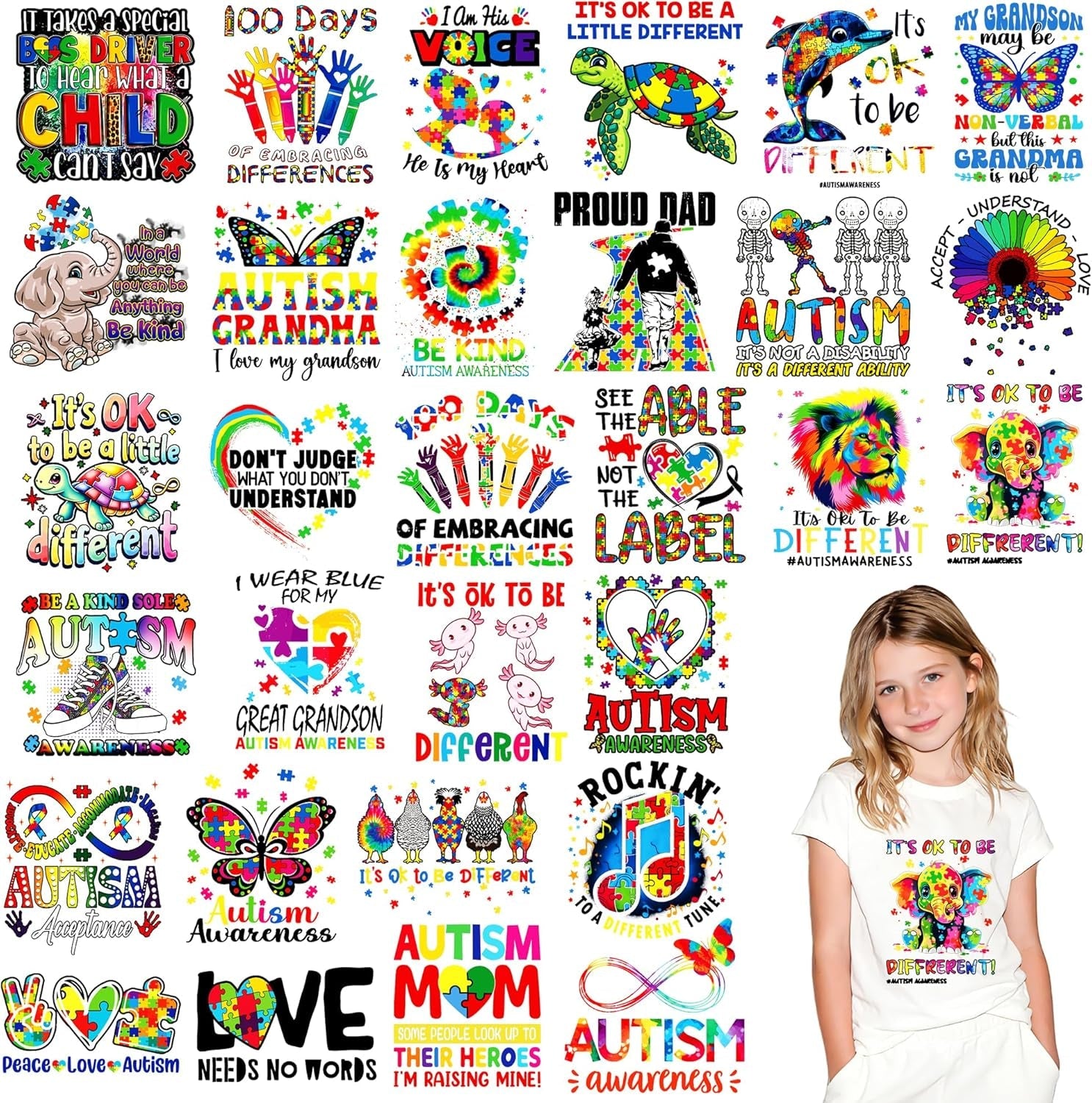 Dazoratix Autism Awareness Iron on Transfers - 30 Sheets DTF Ready to Press Puzzle Rainbow Heat Patches Animals Decals Vinyl Stickers for Kids Baby T Shirts Clothes Pillow Bag DIY Crafts Decorations
