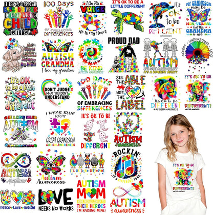 Dazoratix Autism Awareness Iron on Transfers - 30 Sheets DTF Ready to Press Puzzle Rainbow Heat Patches Animals Decals Vinyl Stickers for Kids Baby T Shirts Clothes Pillow Bag DIY Crafts Decorations