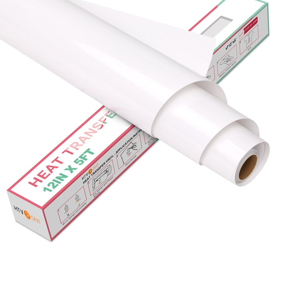 White HTV Vinyl White Heat Transfer Vinyl Roll - 12In X5Ft PU Vinyl HTV Iron on Vinyl Easy to Cut & Weed for Heat Vinyl Design (White)