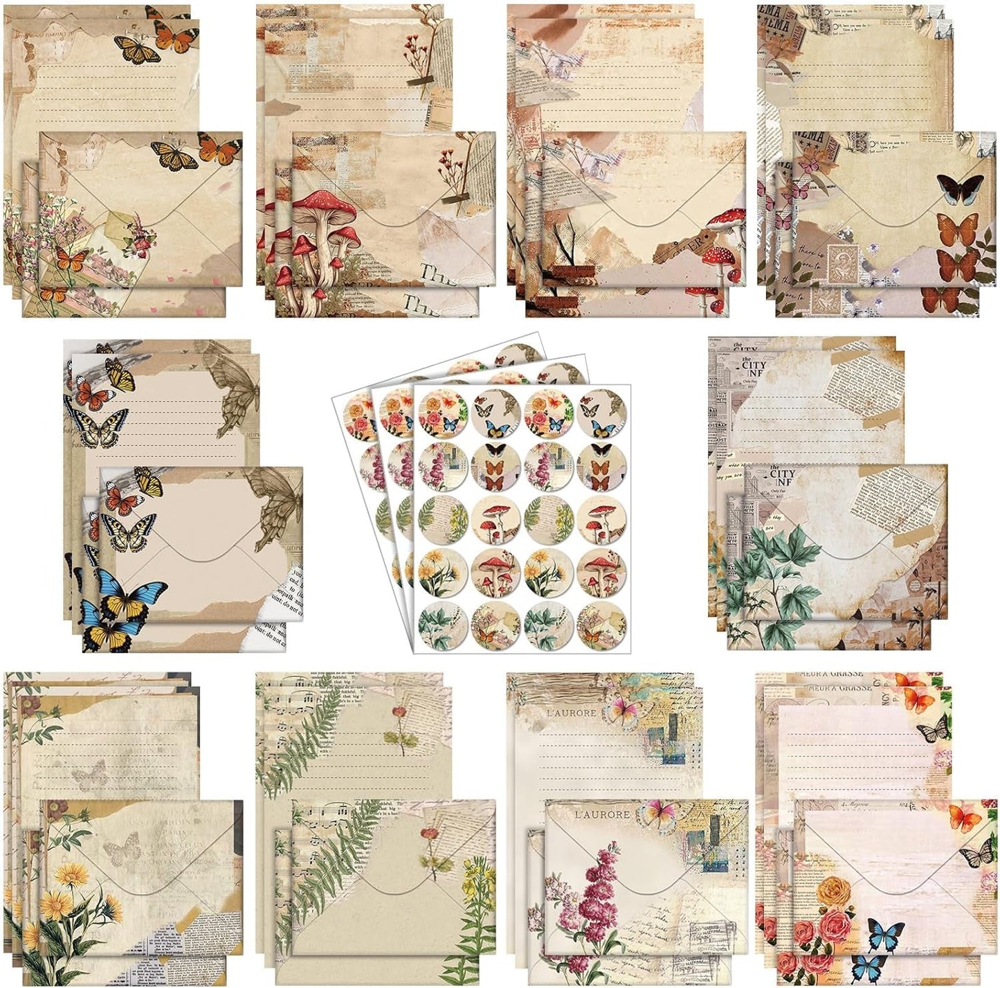 Taobary 160 Pcs Stationery Paper Set 50 Double Sided Stationery Papers with 50 Matching Envelopes and 60 round Dot Sticker, 10 Design(Nature Vintage Style,5.5 X 8.25 Inch)