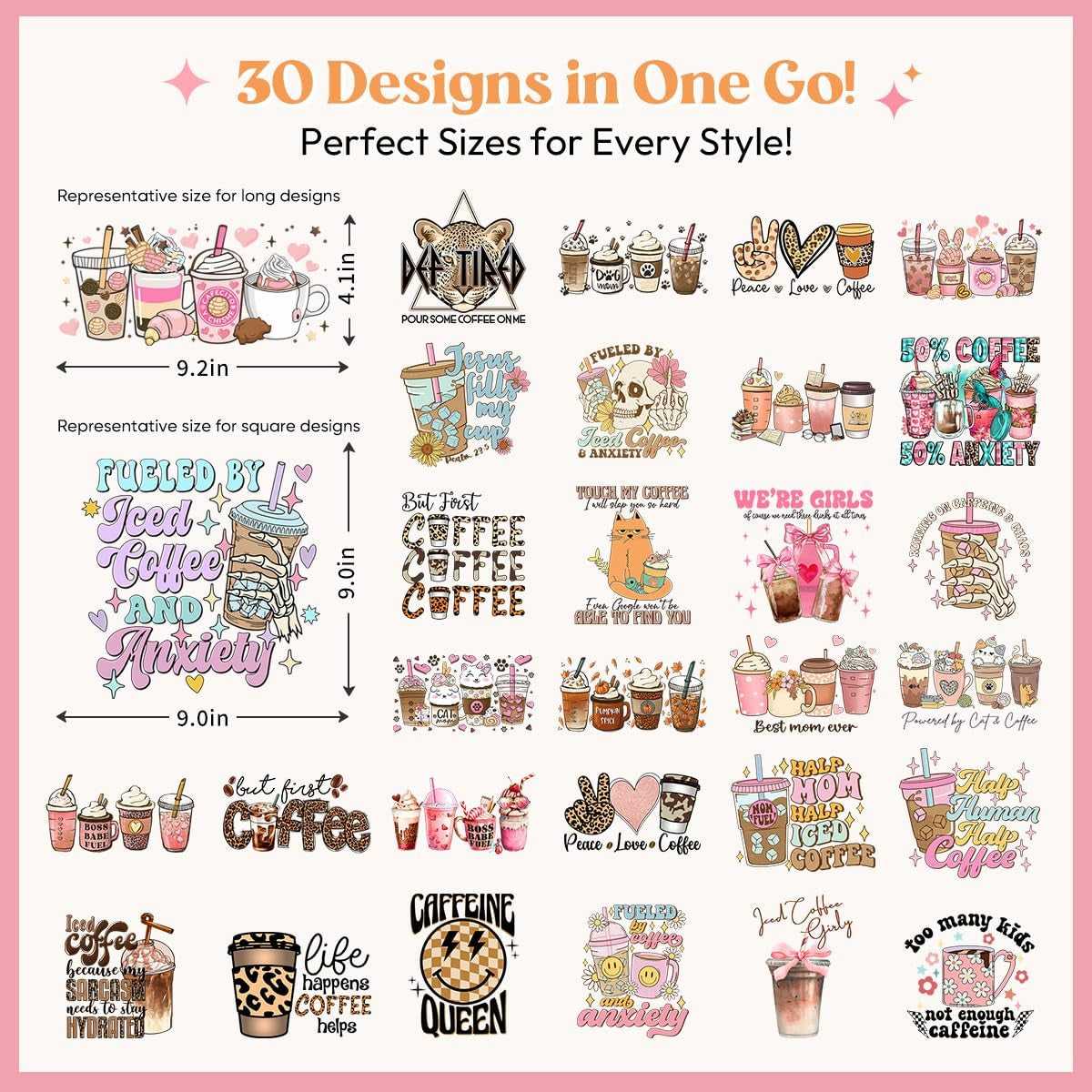 Kaciola 30 Sheets Coffee DTF Transfers Ready to Press, Coffee Iron on Transfers Washable Stickers Iron on Decals for T Shirts Hoodie DIY Crafts