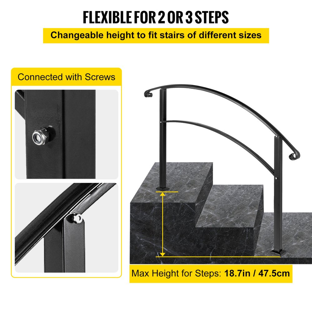 brand 1-3 Step Handrail Rackable to a Range of 0°To 45°Matte Black Stair Rail Wrought Iron Handrail with Installation Kit Hand Rails for Outdoor Steps