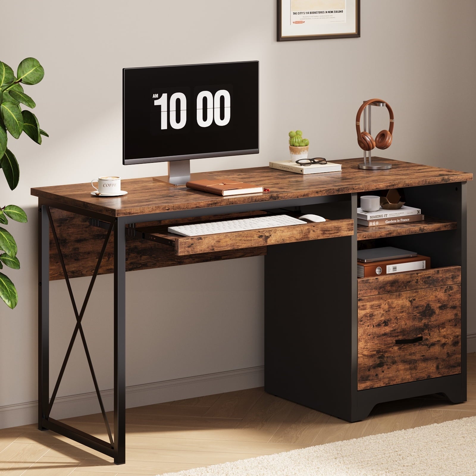 47 Inch Computer Desk with Storage File Drawer & Keyboard Tray, Home Office Writing Desk Work Study Table for Small Space, Rustic Brown