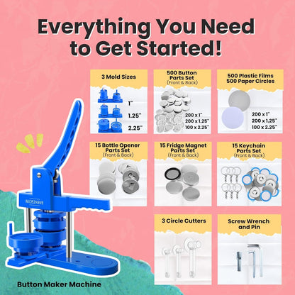 Button Maker Machine – Multiple Size Molds– Pin Maker Machine Kit W/ 500 Buttons, 15 Fridge Magnets, 15 Bottle Openers, 15 Keychain Buttons, Cutters & 500+ Button Designs for DIY Crafts