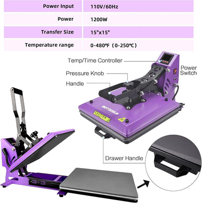 Bettersub Heat Press Machine 15X15 Inch, Digital Slide Out Drawer Heat Press for T-Shirts, 1000W Heat Press Machine for DTF, Sublimation, HTV Transfers, with LCD Control Panel & Pressure Adjustment