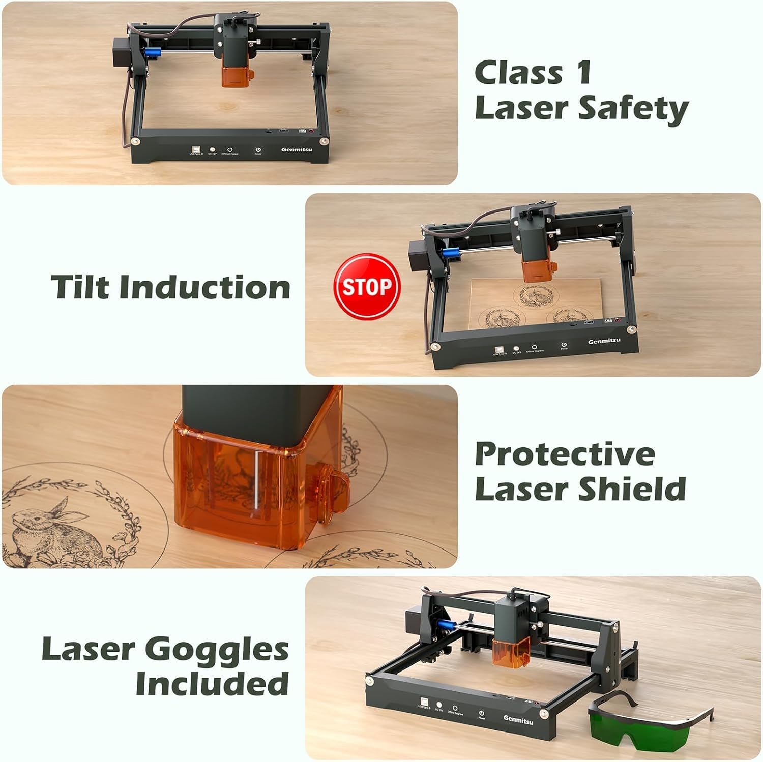 Genmitsu Laser Engraver Machine Kortek 2.5W 2500Mw, Wireless APP Supported, ±0.01Mm High Precision, Portable Laser Engraving Machine for DIY Wood, Acrylic, Leather, Glass, Metal, Fiber, Safety Class 1