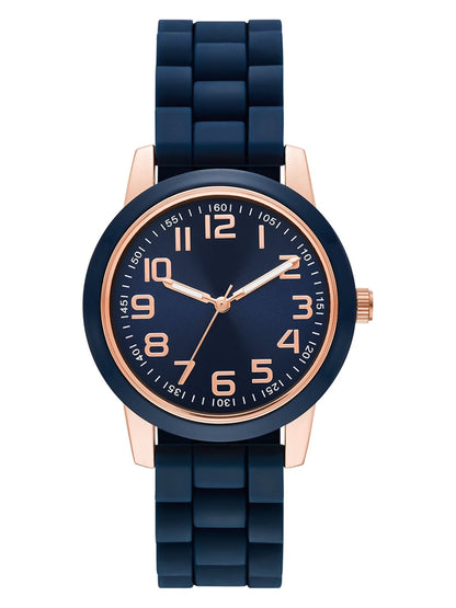 Time & Tru Women'S Wristwatch: Rose Gold Case, Blue Bezel, Easy Read Dial, Silicone Strap (FMDOTT073)