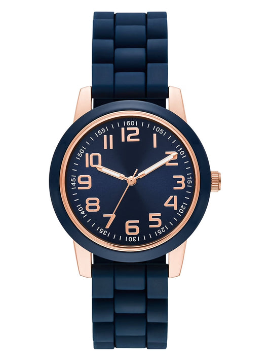 Time & Tru Women'S Wristwatch: Rose Gold Case, Blue Bezel, Easy Read Dial, Silicone Strap (FMDOTT073)