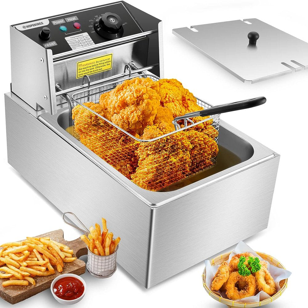 Qhomic 1500W 6L Electric Deep Fryer with Removable Basket and Lid Stainless Steel Large Single-Cylinder Countertop Fryers for Home Kitchen Ideal for Fish, Turkey, French Fries