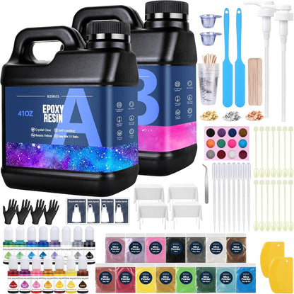 KISREL Epoxy Resin 82Oz - Clear Epoxy Resin Kit with 15 Pigments and 15 Colors of Mica Powders - No Yellowing No Bubble Casting Resina for Art Crafts, Jewelry Making, Wood & Resina Molds(41Oz X 2)