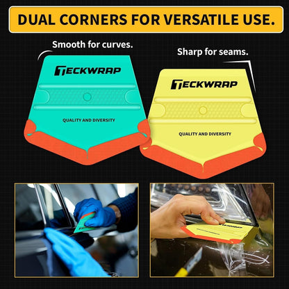 Felt Squeegee for Vinyl Wrap,Dual-Corner Design, Twin Ribs for Grip, 2 Hardness Levels (Soft/Medium), V-Shape for PPF, Chrome & Tint, Yellow 40A / Blue 50A