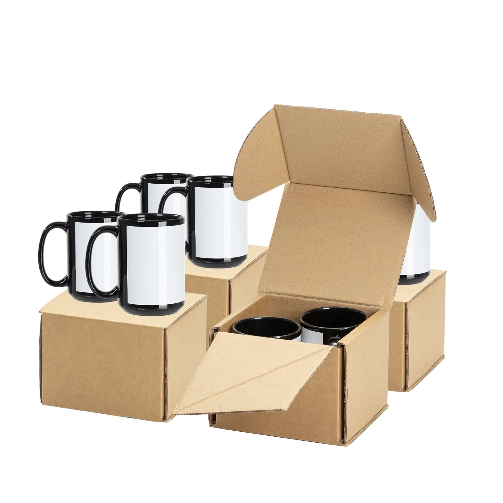 Wholesale 15 OZ Sublimation Ceramic Coffee Mugs Black with White Patch & Strong Inner Box 8 Pack
