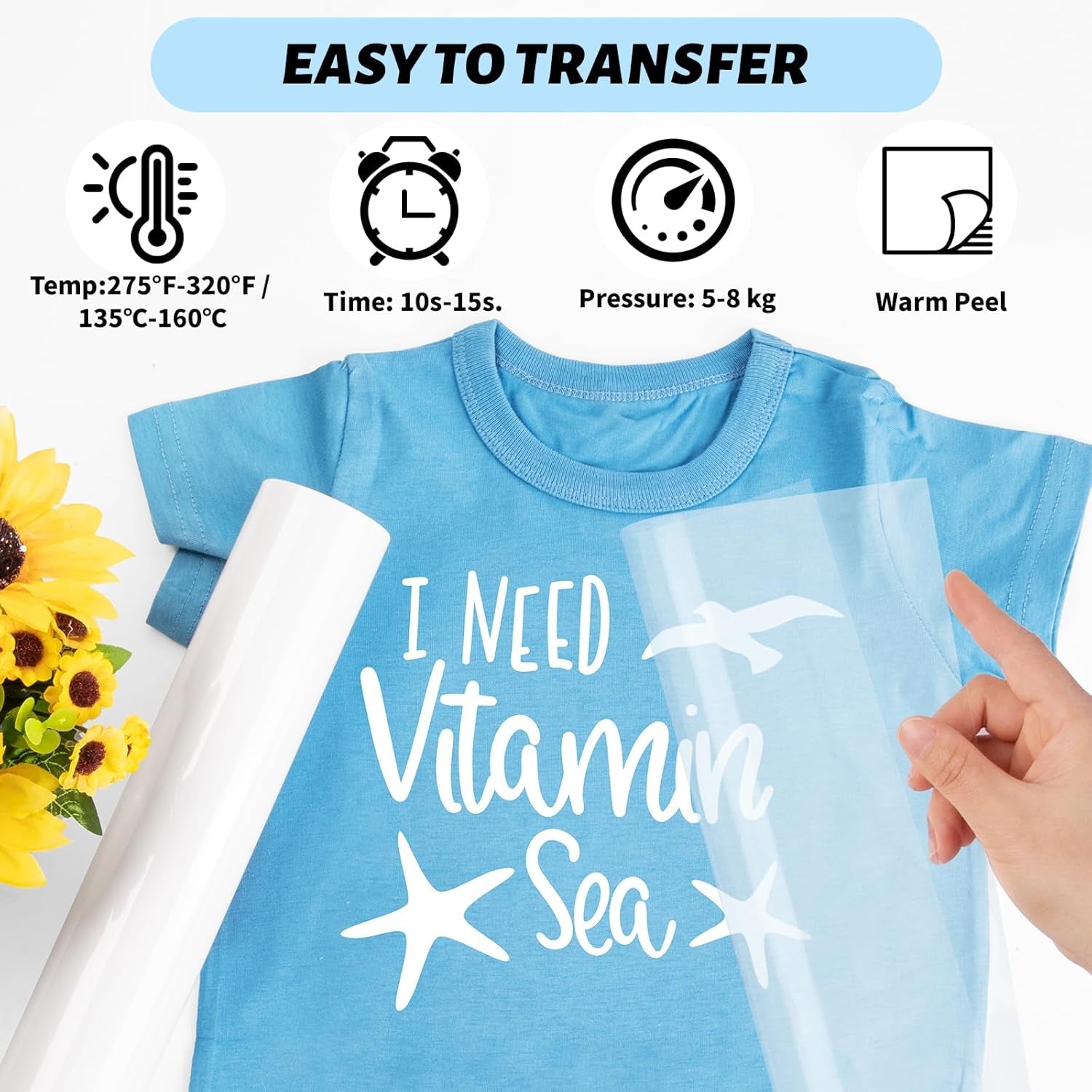 Heat Transfer Vinyl White Iron on Vinyl for All Cutter Machine - 12" X 10Ft HTV Vinyl for Shirts, Easy to Cut & Weed