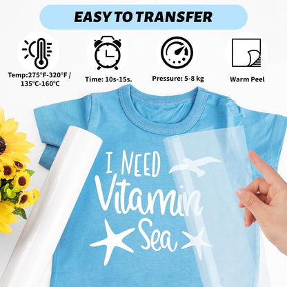 Heat Transfer Vinyl White Iron on Vinyl for All Cutter Machine - 12" X 10Ft HTV Vinyl for Shirts, Easy to Cut & Weed