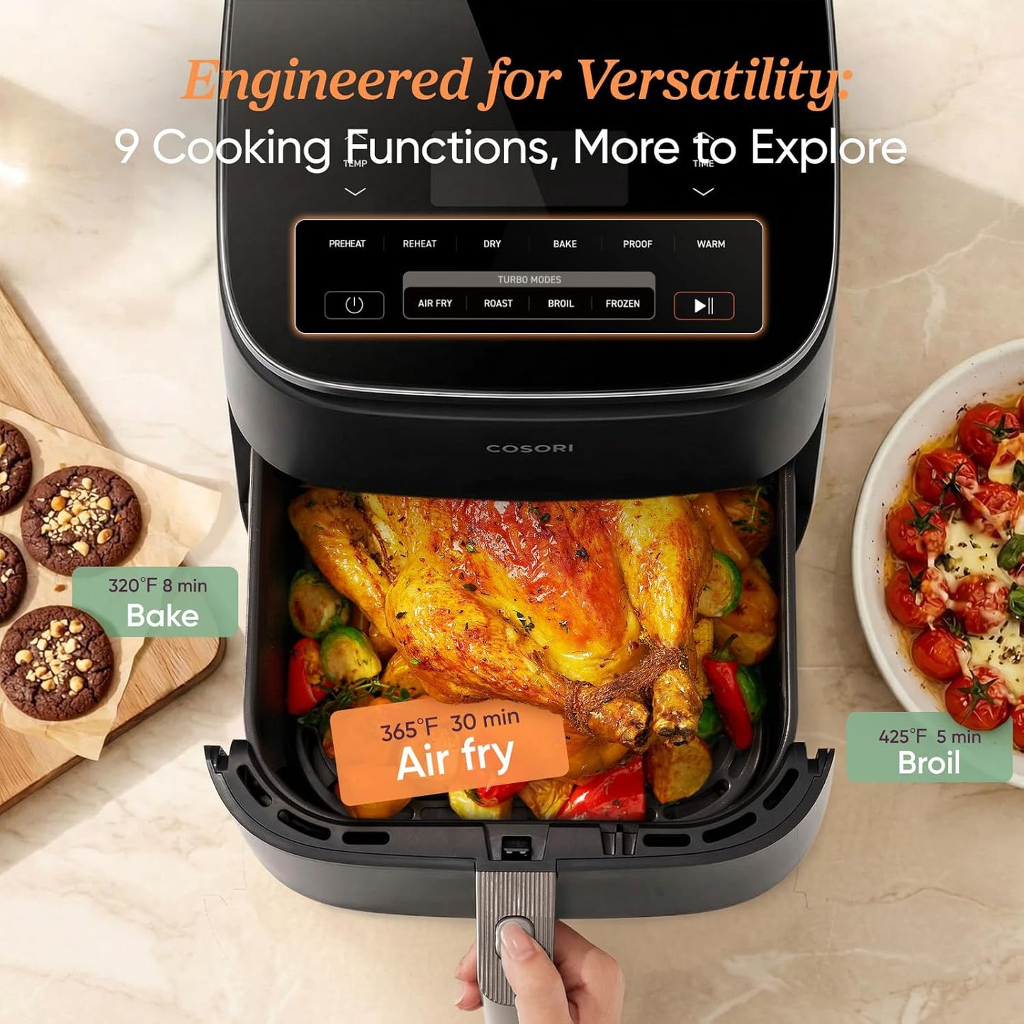 Cosori Turboblaze Air Fryer, 9-In-1, 6 Qt, Pfas-Free Ceramic Coating | 90°–450°F, 5 Level Fan Speeds, 9 in 1 Air Fry, Roast, Bake, Broil, Dry, Frozen, Proof, Reheat, Keep Warm, Safety Lock, 1725W