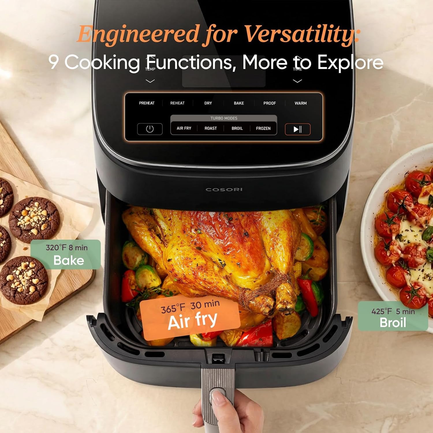 Cosori Turboblaze Air Fryer, 9-In-1, 6 Qt, Pfas-Free Ceramic Coating | 90°–450°F, 5 Level Fan Speeds, 9 in 1 Air Fry, Roast, Bake, Broil, Dry, Frozen, Proof, Reheat, Keep Warm, Safety Lock, 1725W
