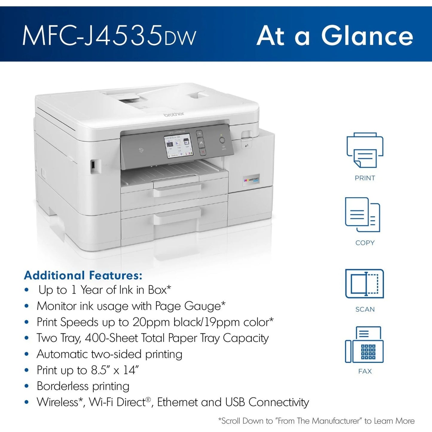 MFC-J4535DW Inkvestment Tank Color Inkjet All-In-One Printer, Wireless, Duplex Printing, up to 1-Year of Ink Included