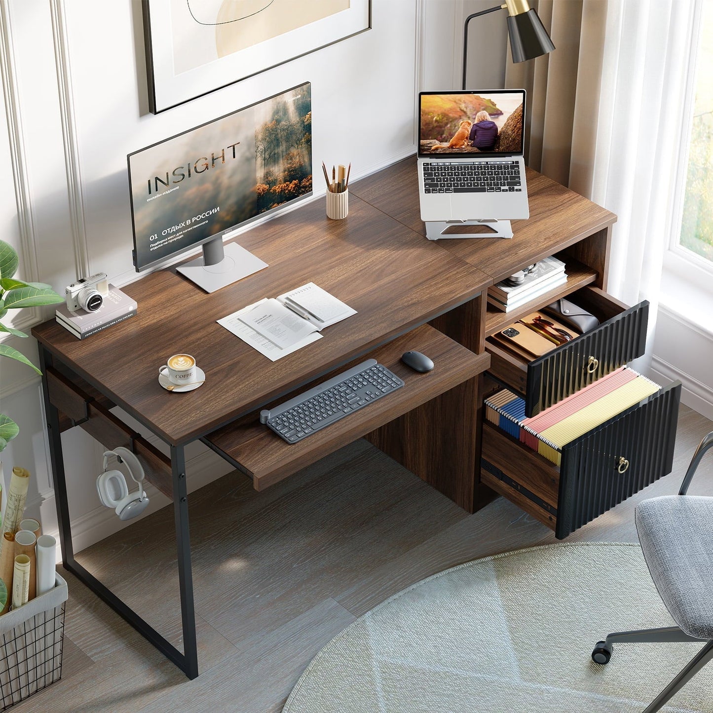 55 Inch Office Desk with Drawers, Keyboard Tray, 2 Hooks, Modern Fluted Computer Desk for Home, Walnut