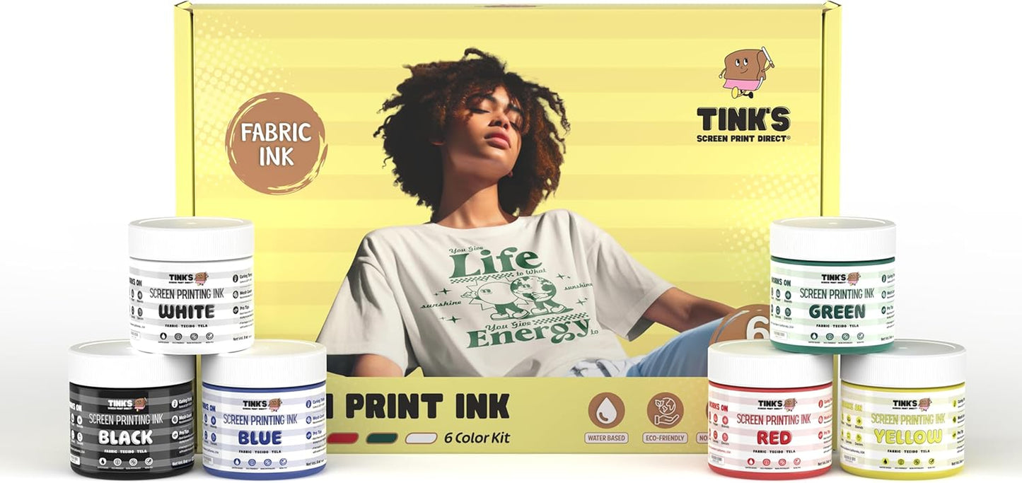 Tinks® Screen Printing Ink Set (6 Color - 4 Oz.) —Screen Printing Fabric Ink for Cotton and Polyester, for Silk Screens and Linocut, Opaque Fabric Paint—Paintmaking Supplies for Shirts and Tote Bags