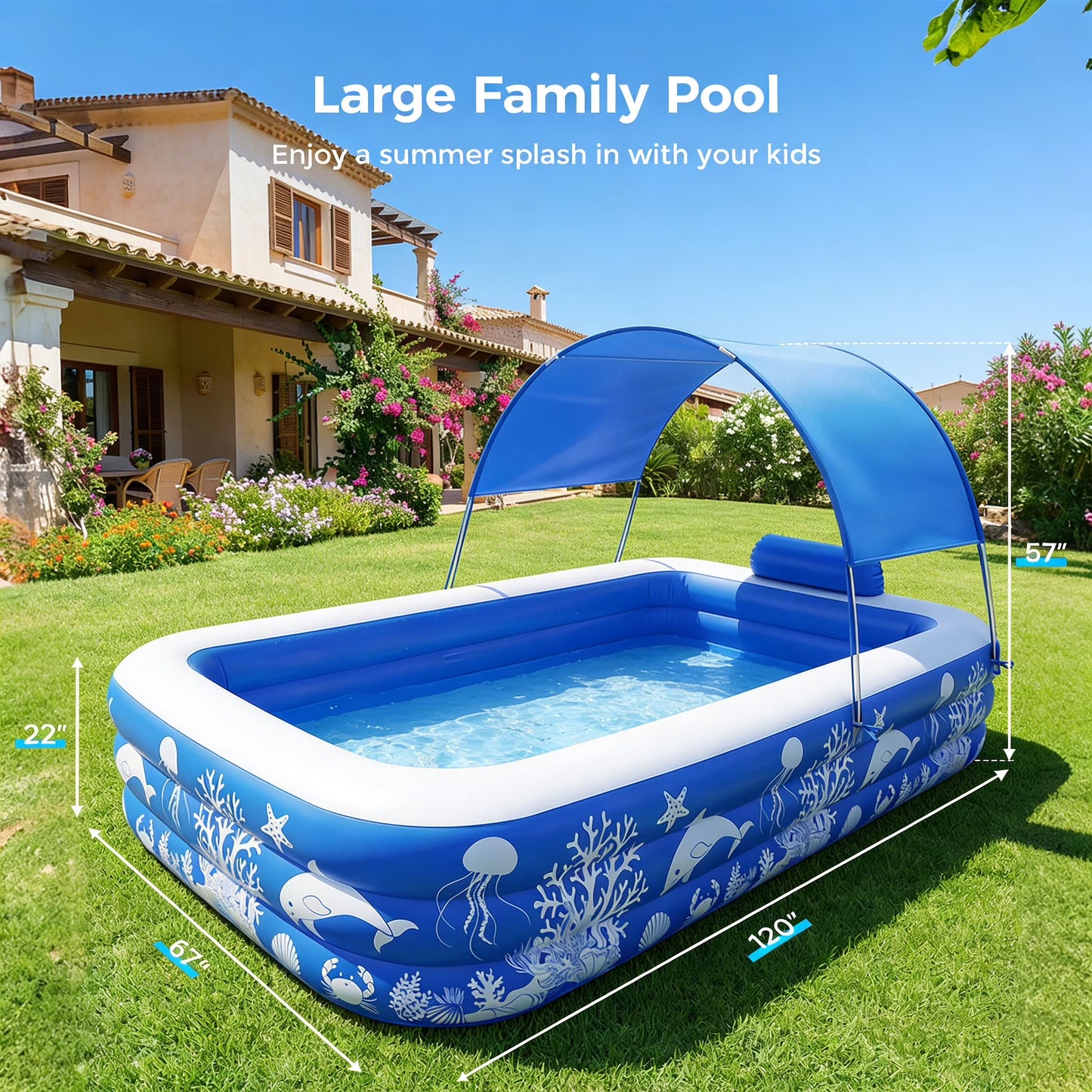 Inflatable Pool with Canopy, Family Size Swimming Pool Thickened Kiddie Pool for Kids Children Family Outdoor, 120'' X 68'' X 57''