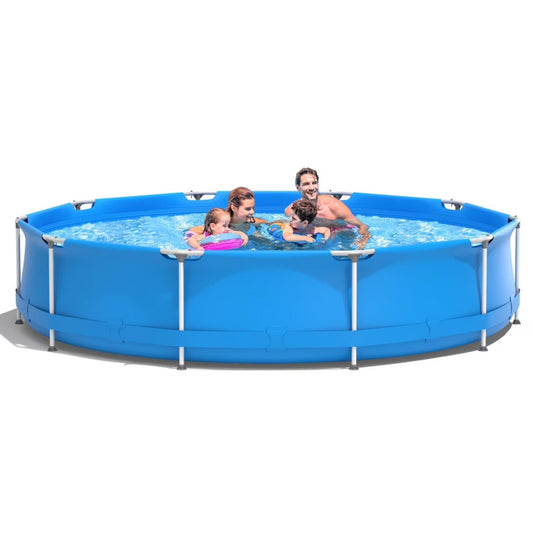 12Ft X 30In round above Ground Swimming Pool with Iron Frame & Pool Cover, 3-Layer PVC Mesh, Blue