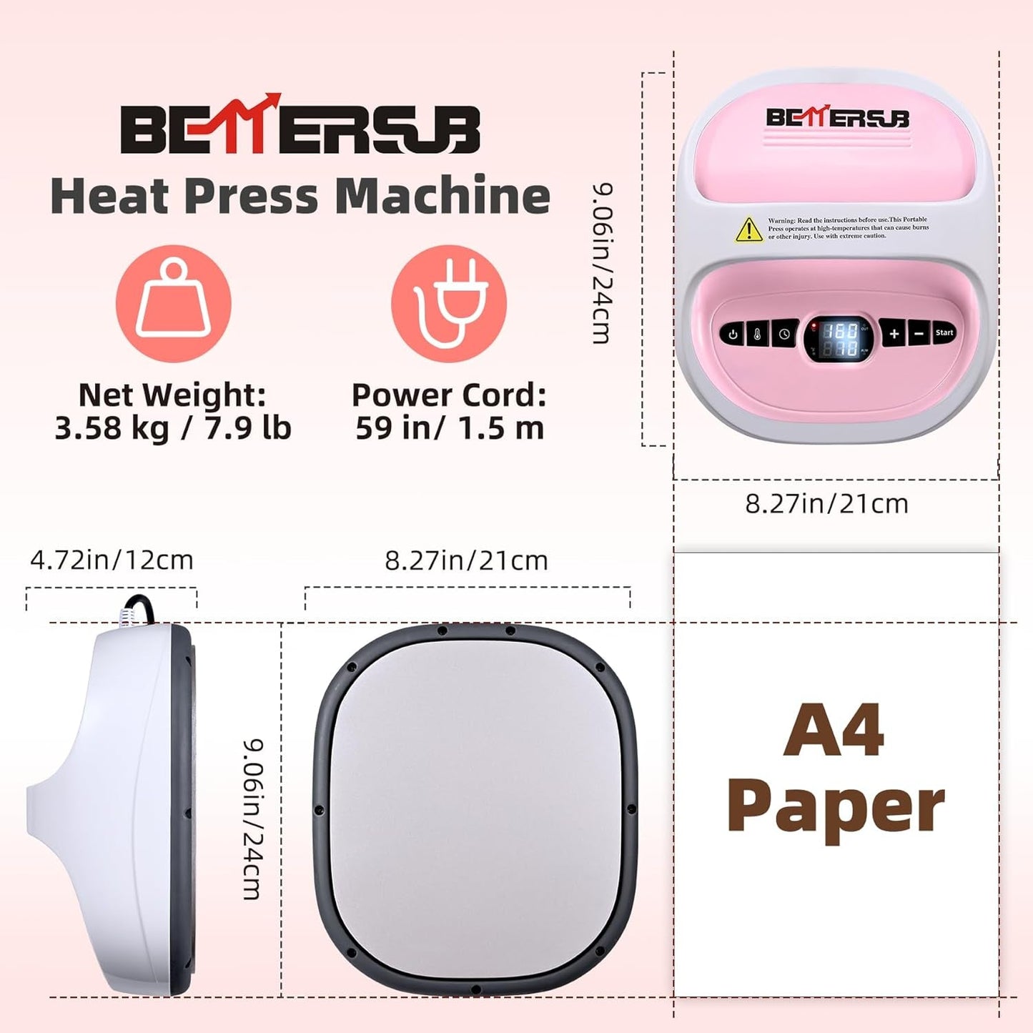 Bettersub Heat Press Machine for T-Shirts, Portable Heat Press, Iron Press for Sublimation and HTV Vinyl Shirt Press Machine for Hat, Bags, Heating Transfer Projects (8.27"×9.06" Pink)