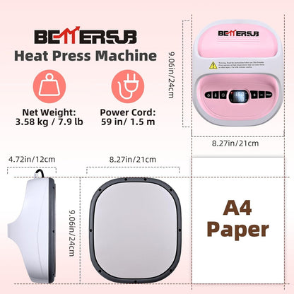 Bettersub Heat Press Machine for T-Shirts, Portable Heat Press, Iron Press for Sublimation and HTV Vinyl Shirt Press Machine for Hat, Bags, Heating Transfer Projects (8.27"×9.06" Pink)