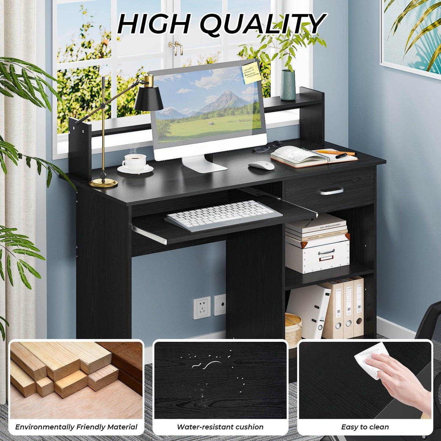 Wood Computer Desk Office Black Laptop PC Work Table Home Drawer & Keyboard Tray