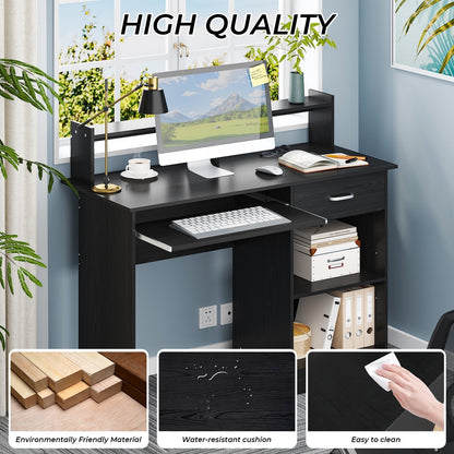Wood Computer Desk Office Black Laptop PC Work Table Home Drawer & Keyboard Tray