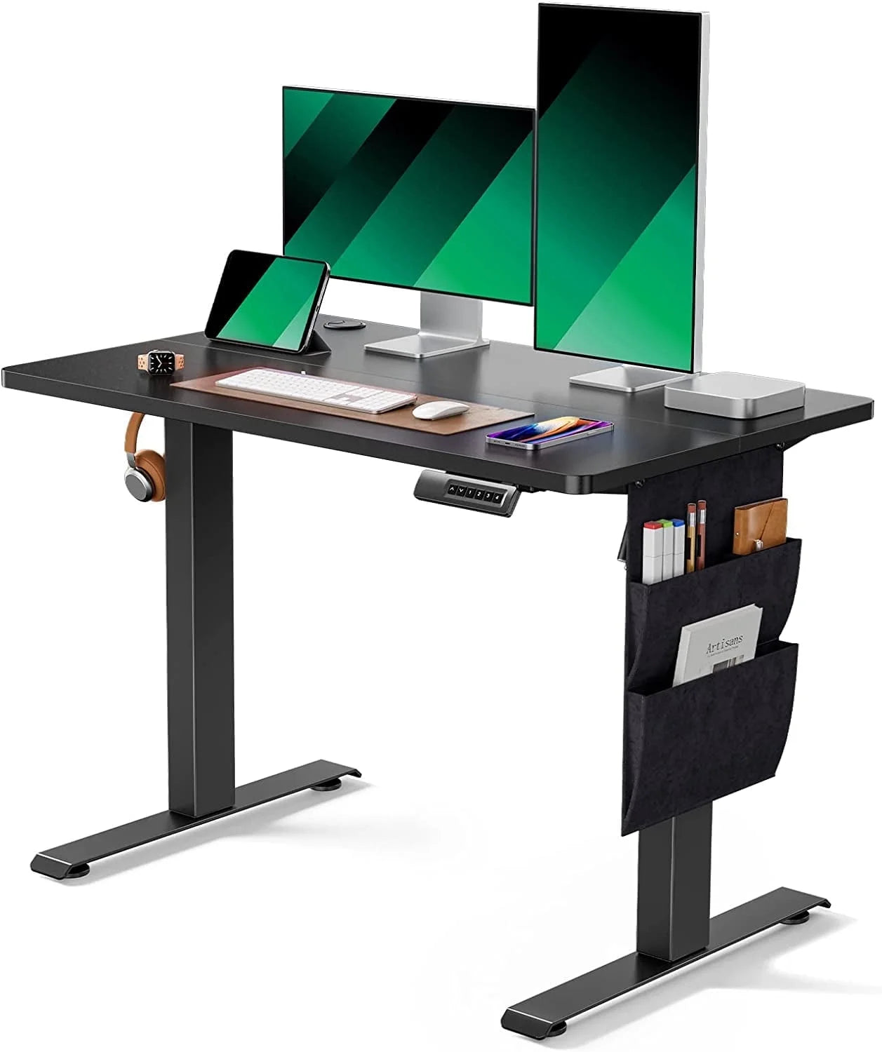 Electric Standing Desk with Storage Bag, 40" X 24" Adjustable Height Sit to Stand Desk with 4 Memory Pre-Set, Headphone Hook for Home Office, Black