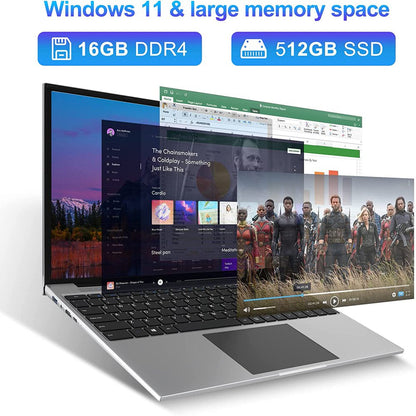 16In Windows 11 Laptop 16GB RAM 512GB SSD 4-Core Intel Celeron N5095 1920*1200 FHD IPS Screen