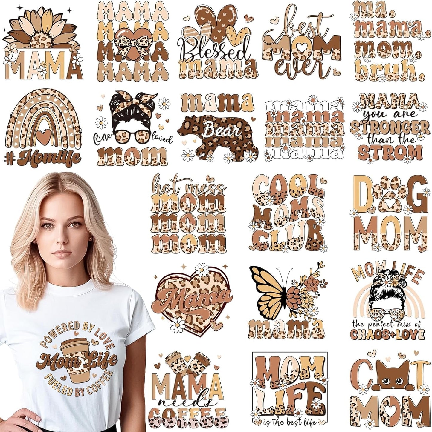 Dazoratix Mother'S Day Transfer Stickers - 20 Sheets Mama Iron on Transfers Ready to Press Heat Patches Vinyl DTF Decals for T Shirts Clothes DIY Crafts Women Clothing Bag Appliques Pillow Decorations