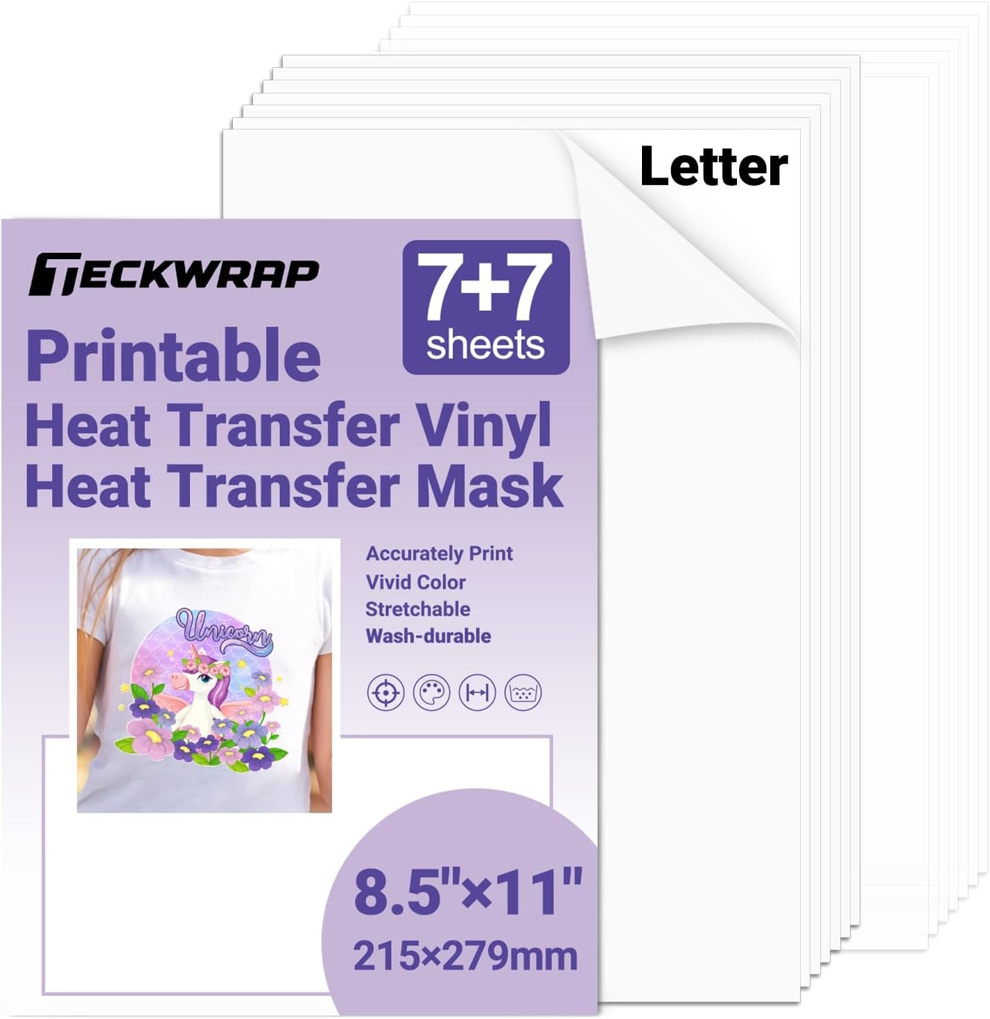 Printable Heat Transfer Vinyl & Mask Sheets for T-Shirts (Each 7 Sheets), 8.5" X 11" Inkjet Printable HTV Vinyl Iron on Transfer Paper for Light & Dark Fabric