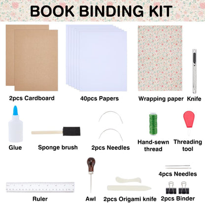 WEBEEDY DIY Coptic Stitch Bookbinding Kit for Beginners, Complete A5 Notebook Making Kit with Flower Cover, Bone Folder, A4 Papers, Needles, Tools, Diary Journal Making Supplies Handmade Gift