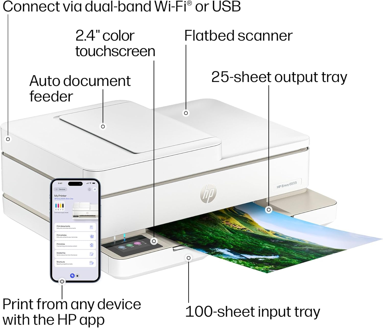 HP Envy 6555 Wireless All-In-One Color Inkjet Printer, Print, Scan, Copy, Duplex Printing Best-For-Home, 3 Month Trial of Instant Ink Included, Ai-Capable (C2XR6A) Portobello