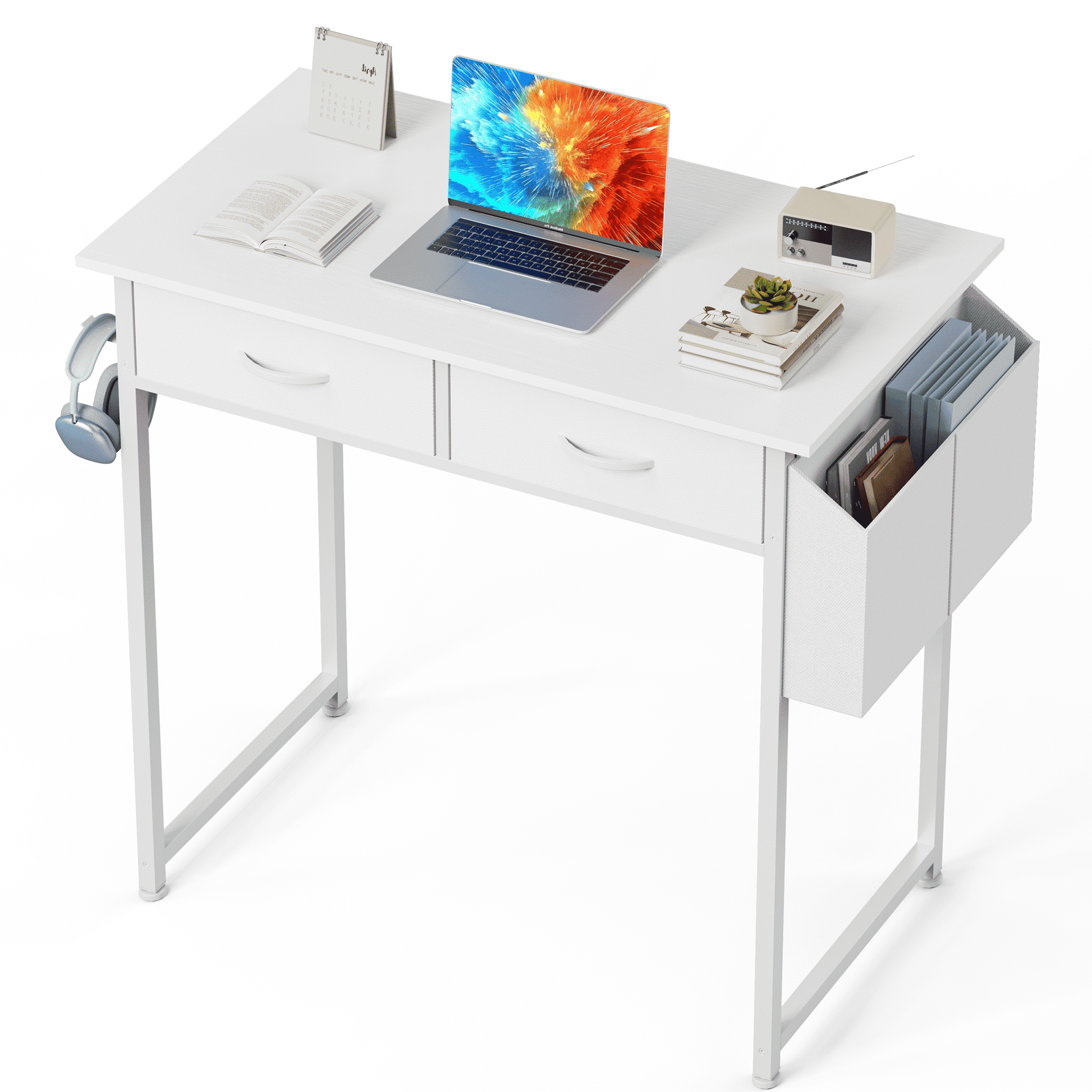 32 Inch Small Desk with Fabric Drawers & Storage Bag Iron Hook, Computer Desk,White Vanity Desk with Storage for Bedroom, White