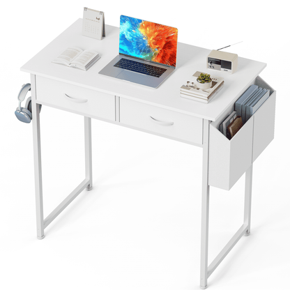32 Inch Small Desk with Fabric Drawers & Storage Bag Iron Hook, Computer Desk,White Vanity Desk with Storage for Bedroom, White