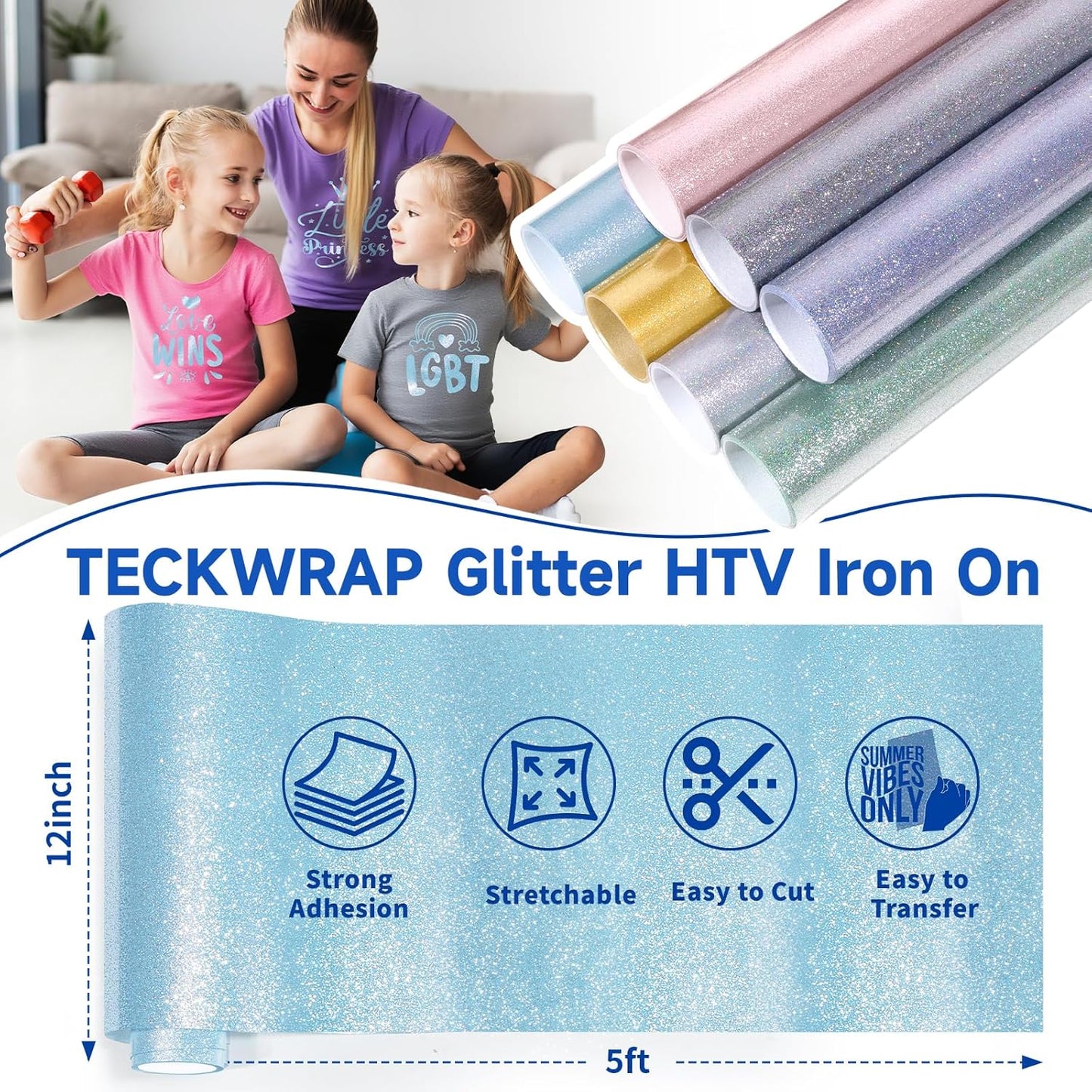 Glitter HTV Heat Transfer Vinyl Roll - 10" X 5Ft HTV Vinyl for Shirts, Iron on Vinyl for All Cutter Machine, Easy to Cut & Weed (Blue)