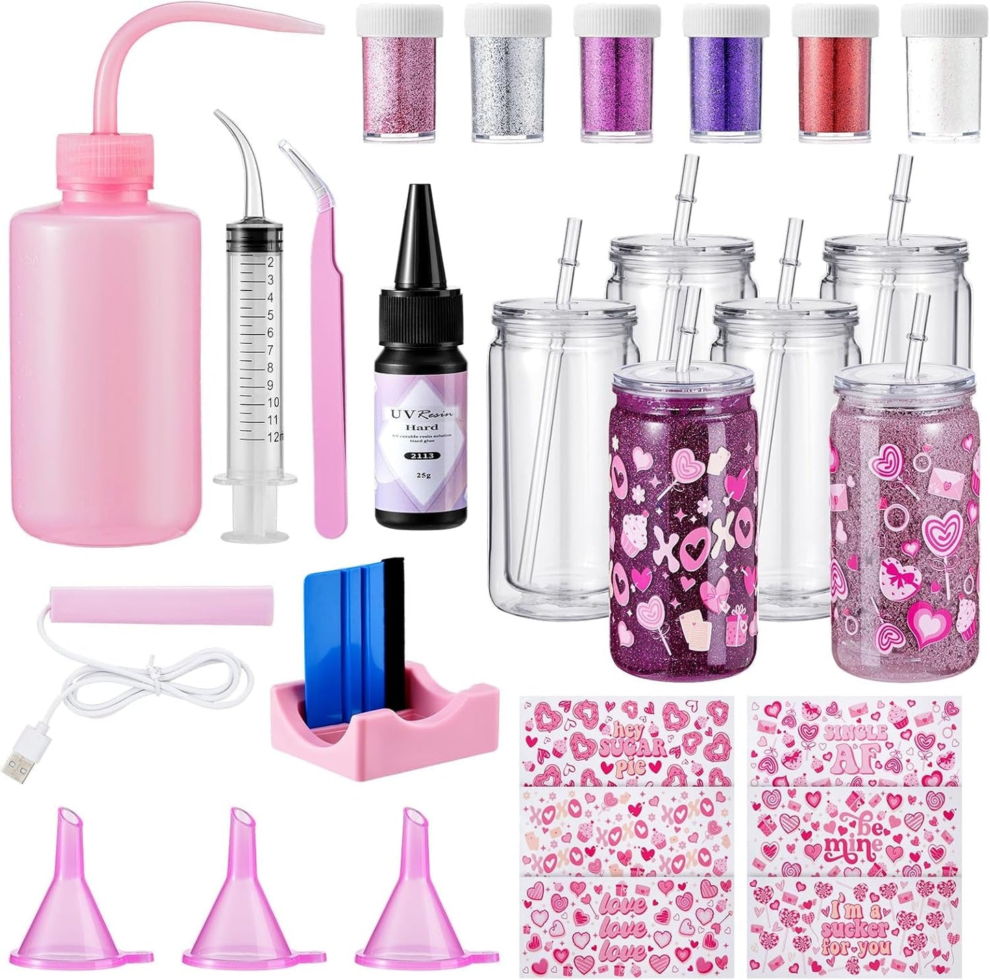 6 Pack Valentine'S Day DIY Snow Globe Tumbler Supplies Kits 16Oz Pre Drilled Double Wall Can Glitter Squeeze Bottle UV Resin Flashlight Pink Red Powder Stickers Valentine Making Tools for Starters