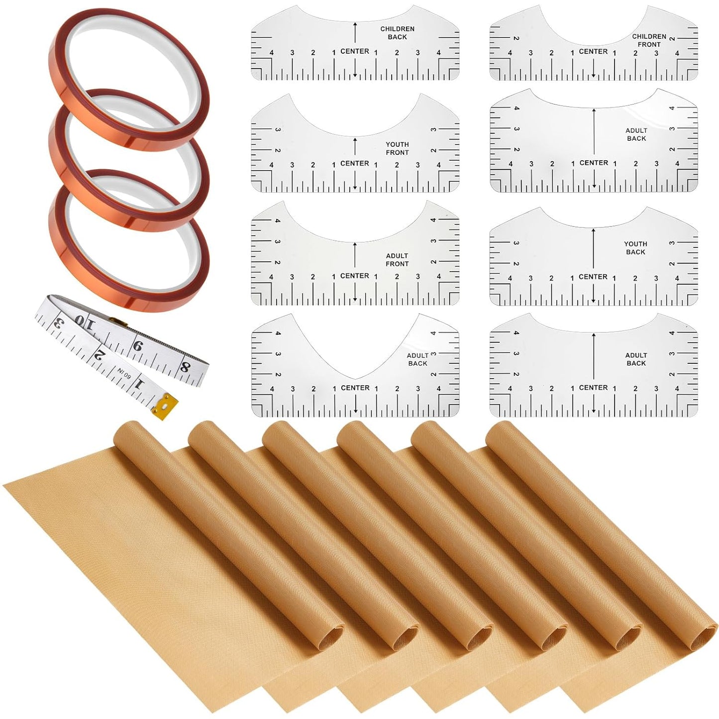 18 Pieces PTFE Sheets for Heat Press 12 X 16 Inch, T Shirt Alignment Ruler and Heat Resistant Tape 0.4 Inch X 36 Yd and PVC Tape Measure Set T Shirt Ruler Guide for Vinyl Alignment