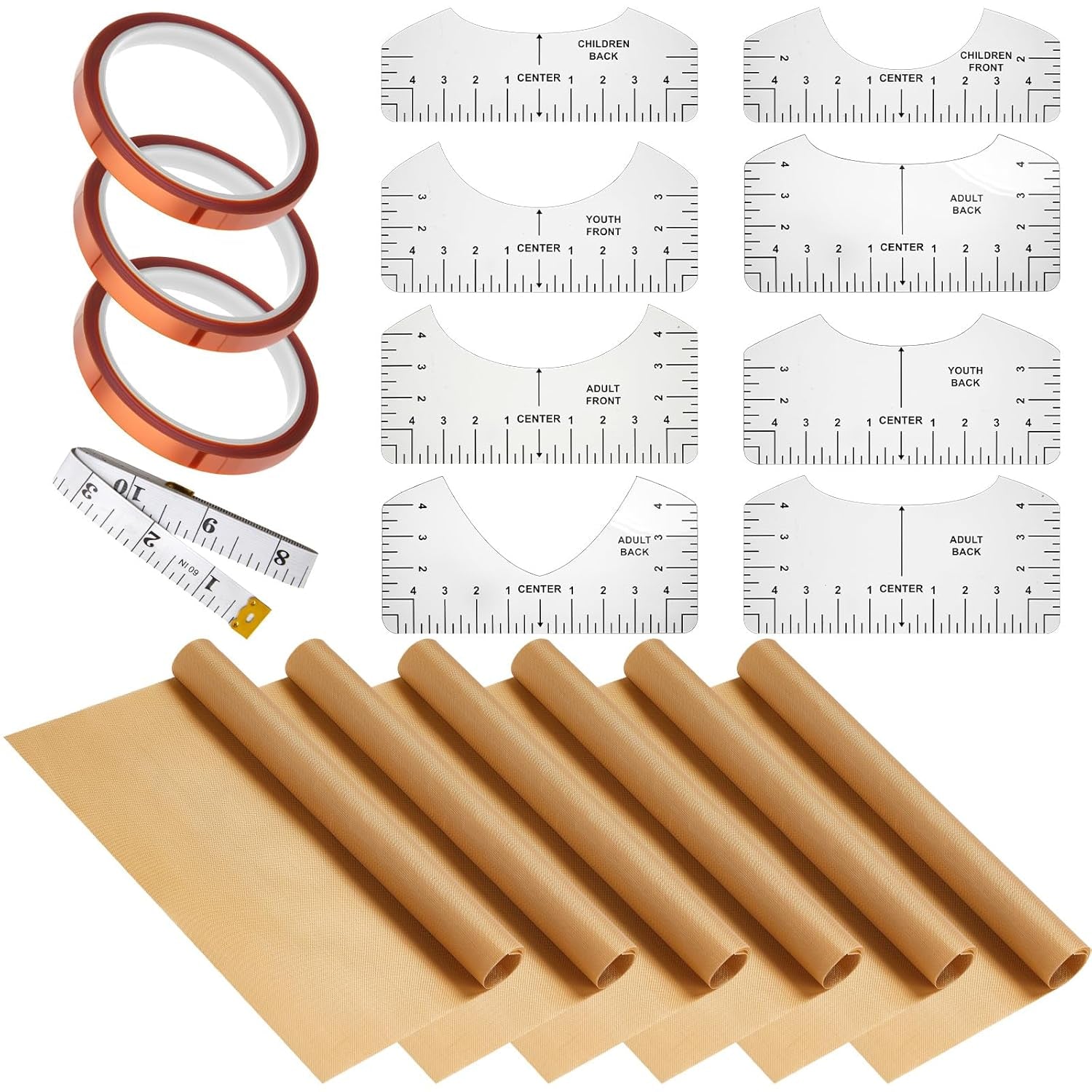 18 Pieces PTFE Sheets for Heat Press 12 X 16 Inch, T Shirt Alignment Ruler and Heat Resistant Tape 0.4 Inch X 36 Yd and PVC Tape Measure Set T Shirt Ruler Guide for Vinyl Alignment